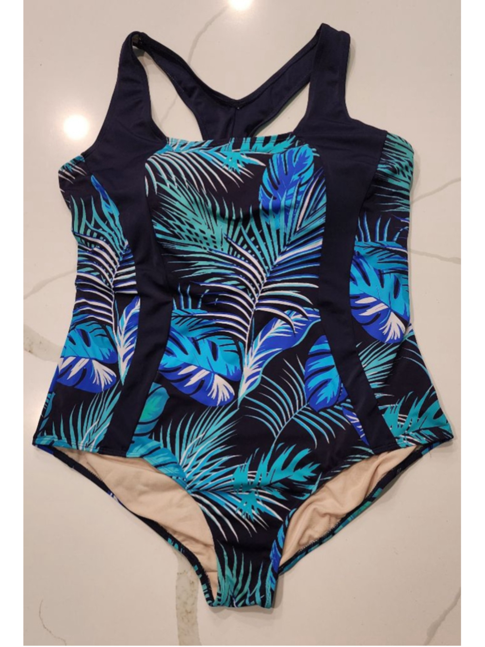 Aerie Active One Piece Swimsuit XL Tropical Palm Leaf Y-Back Navy Teal Blue